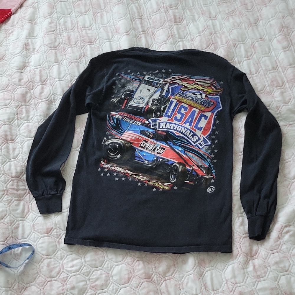 Gildan Black Long Sleeve USAC Nationals Racing Tee with Red & Blue Graphics